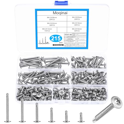 Image of 215 pcs M4.2 Stainless Steel Self Drilling Screws Set, Self Tapping Screws for Metal, Wood & Stainless Steel, Cross Head Pan Head Screws Assortment, Metal Fixing Screws Kit for Construction, Machinery