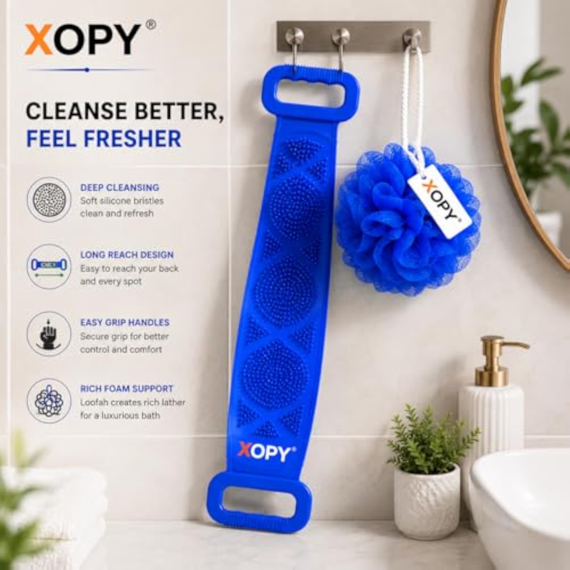 2 in 1 Combo of Silicone Back Scrubber Belt and Mesh Bath Loofah