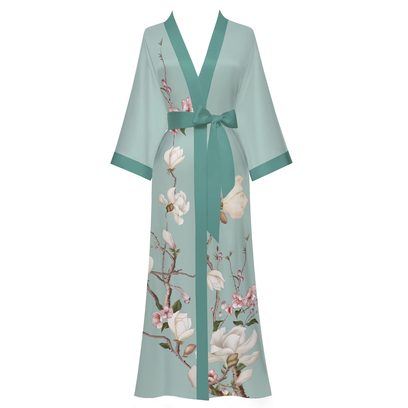 Yemmert Bata Kimono de Raso Para Mujer Bata Kimono de Raso con Cuello en V y Mangas 3/4 con Cinturón Bata Kimono Floral