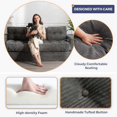 MAXYOYO 3 Seater Couch for Living Room, Boneless Couch with Tufted Cushion & Backrest, Upholstered Floor Sofa with Armrests, Sofa in A Box, No Assembly Required, Dark Grey