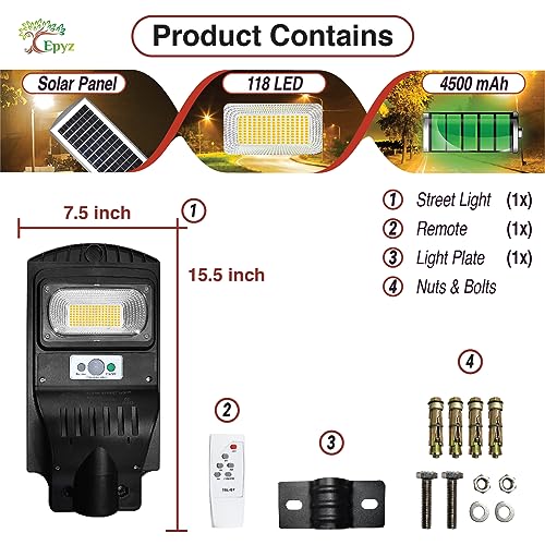 Epyz 30 Watt Solar Street Light Outdoor with Remote 118 LEDs Motion Sensor and Dusk to Dawn for Garden, Street, Lawn [ with Out Pole ] [ Pack of 1, Warm Yellow ]