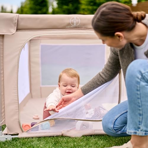 Lionelo Kinderlaufgitter 150 x 180 x 75 cm Florence Easy Fold, atmungsaktives Netz, sicher, tragbar, einfach zusammenklappbar, 2 Eingänge mit Reißverschluss, Reisetasche