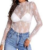 MOHHOM Lace Tops for Women Long Sleeve Mesh Top Mock Neck Sheer Blouse See Through Lace Shirt Layering Top(White, X-Large)