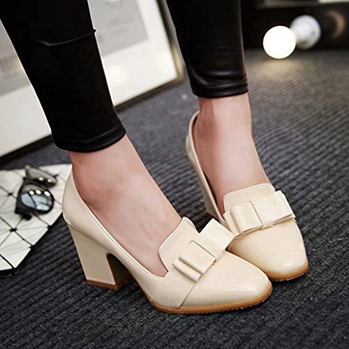 MIOKE Women's Fashion High Chunky Heel Pumps Square Toe Buckle Leather Slip-On Work Office Dress Shoes3