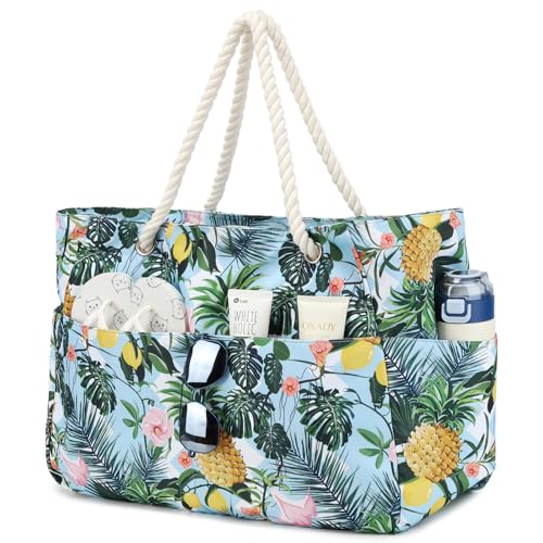 Suweir Bolsa de Playa XXL Grande Familiar con Cremallera Impermeable y Bolsa Húmeda para Natación, Viajes, Piscina y Spa Termal (Piña)