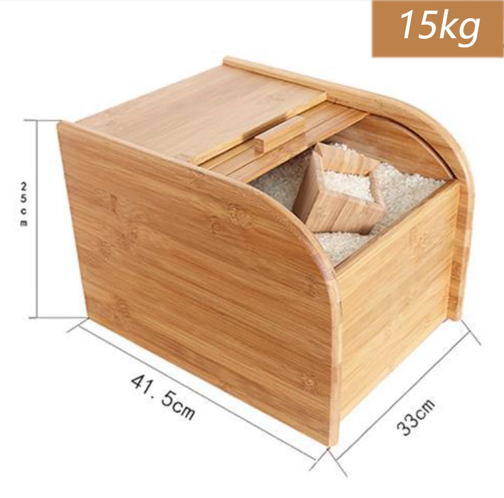Contenitore in legno di bambù per riso con coperchio scorrevole e misurino, dispenser per cereali, cereali e pasta in cucina