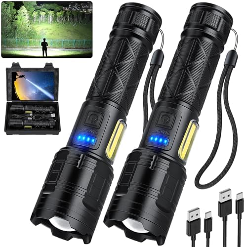 2 Pack 990000 High Lumens Rechargeable LED Flashlight USB-C, 7 Modes 15H Runtime, IPX7 Waterproof for Home Camping, Hiking and Emergency