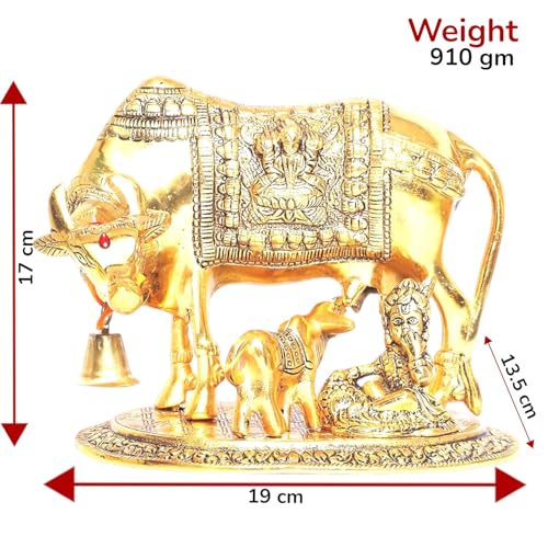 Image of KridayKraft Kamdhenu Cow,Calf with Bal Gopal Krishna Metal Statue for Good Luck,Feng Shui As Table Top Figurine,Vastu,Religious Gau MATA Idol Home,Office&Table