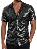 HAWILAND Glitzer Hemd Herren Kurzarm 70er Jahre Disco Party Pailletten Oberteil Festival Rave Shirt Clubwear Schwarz L