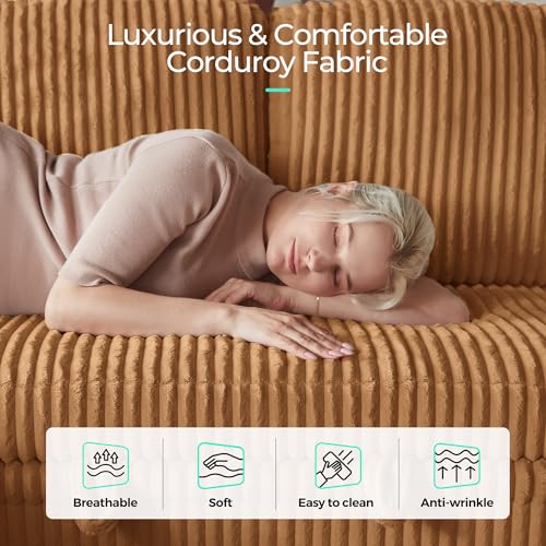 Image of LINSY HOME Loveseat Sofa with Pull Out Couch Chaise: 2-in-1 Convertible 2 Seater Sofa with USB Charging & Cup Holders, Comfy Plush Corduroy Love Seat for Small Spaces Living Room Apartment, Brown