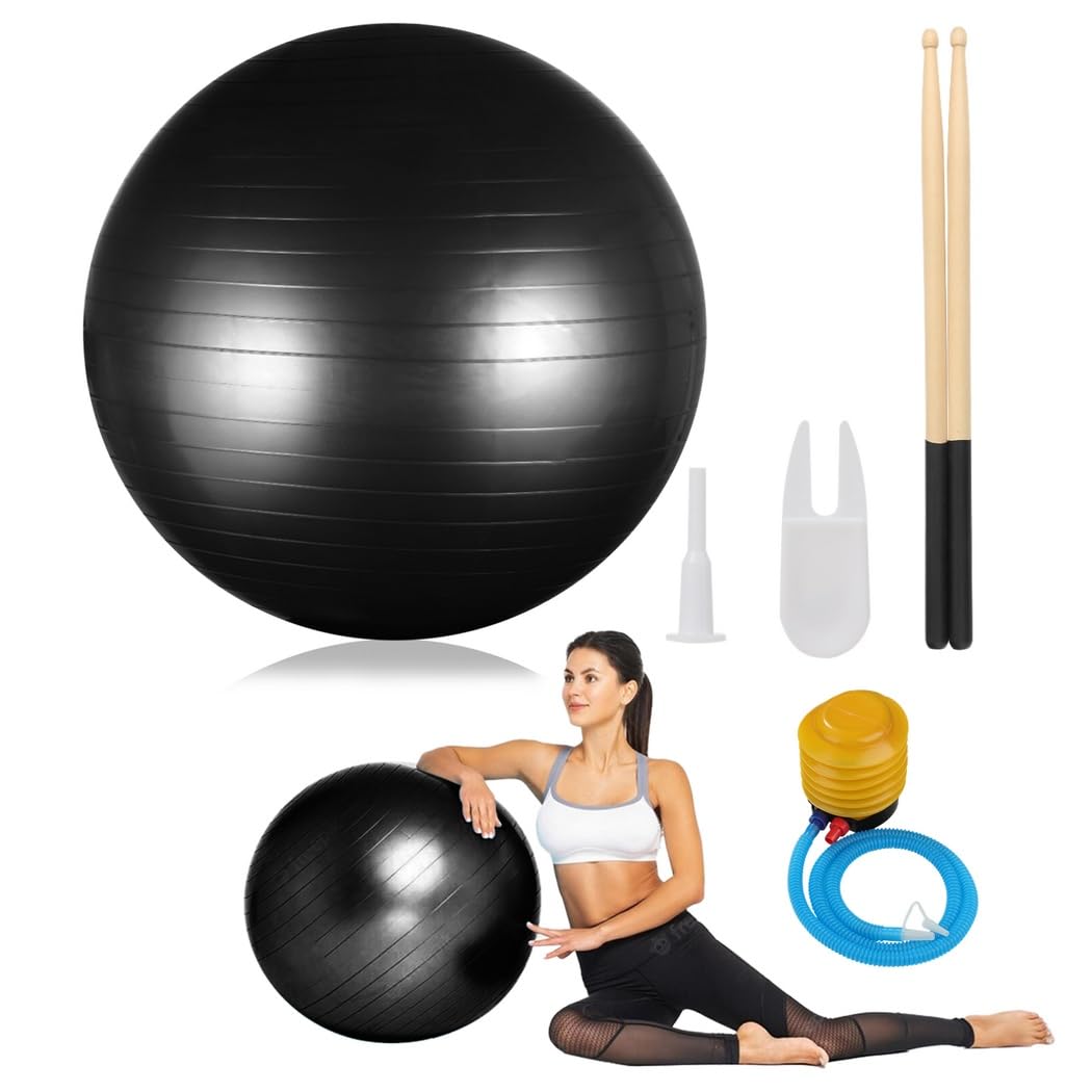 Juego de equipo de batería cardiovascular, pelota de equilibrio de fitness de 66 cm con bomba y baquetas de 90.7 g, pelota de ejercicio aeróbico para entrenamientos, estabilidad, pilates