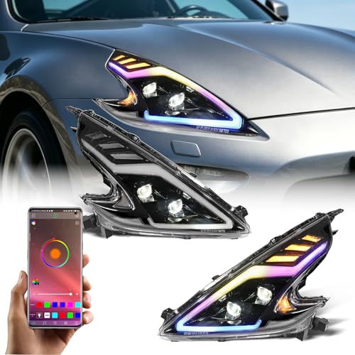Archaic Headlights Assembly Compatible for 20092020 370Z Z34 with Sequential Turn Signal Animated DRL Pair. (multicolored)