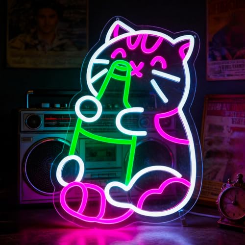 Image of Beer Cat Neon Sign Led Neon Lights Signs for Wall Decor USB Powered Led for Room Decoration Game Room Bar Party Decor