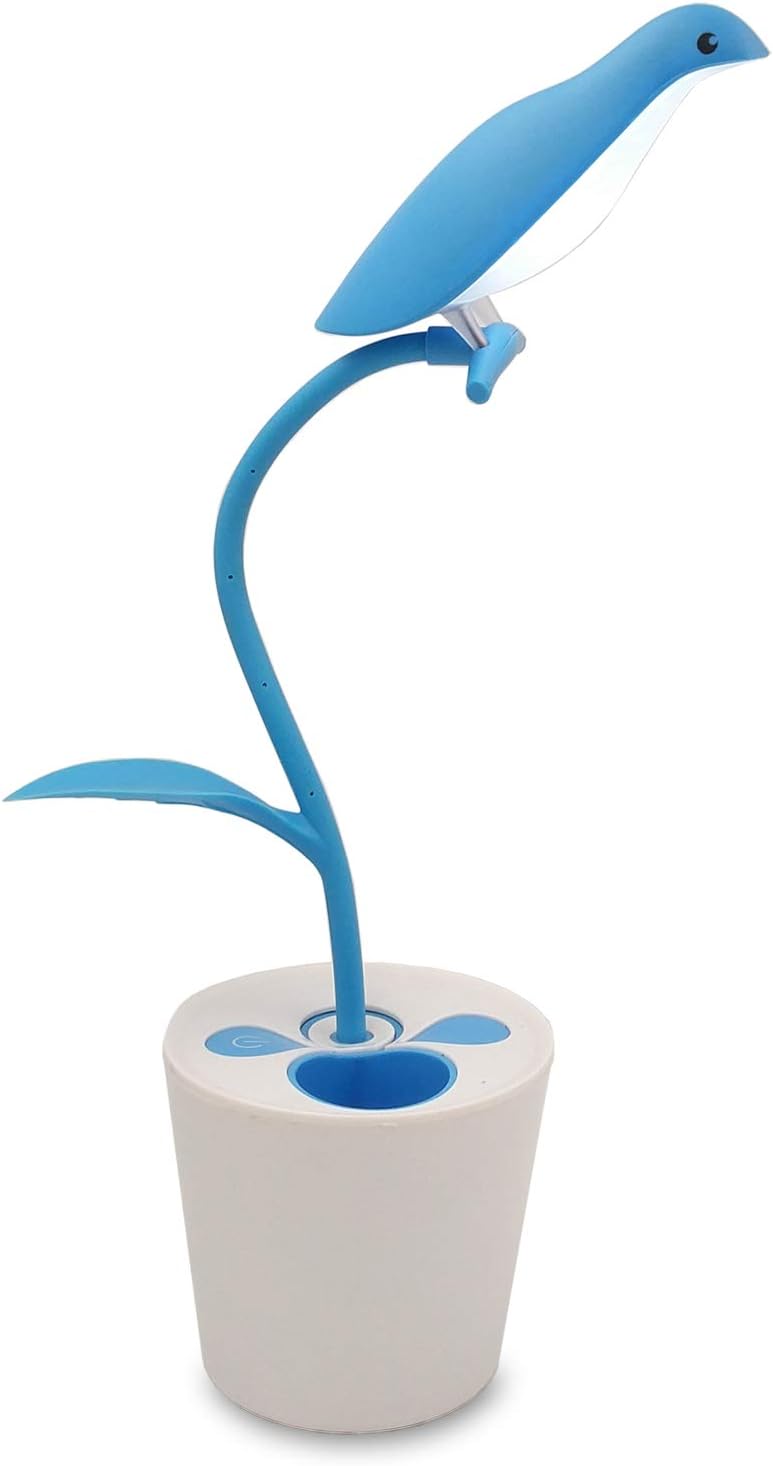 ZHOPPY LED Desk Lamp for Kids, 3-Level Dimmer Touch Sensitive Control, Flexible Gooseneck, Portable Rechargeable Book Light, Bird Pencil Holder, Blue