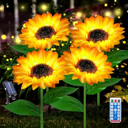 Solar Garden Lights Outdoor& Indoor-4 Pack Sunflower Lights with Remote, 8 Modes Home Garden Decor,Sunflowers Gifts for Mom Women Grandma Birthday, Patio Yard Pathway Wedding