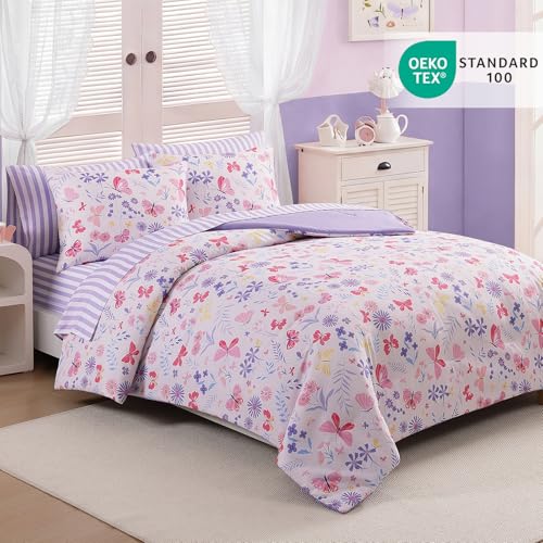 Image of Twin XL Comforter Set for Girls Butterfly Botanical 5 Pieces Bed in a Bag