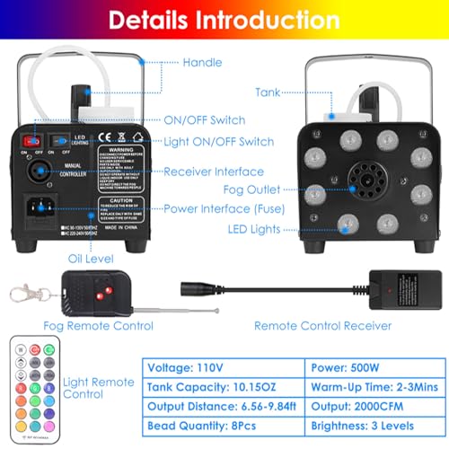 Máquina de humo 500W con luces LED multicolor y control remoto miniatura 4