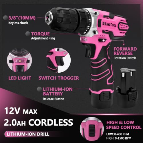 Image of KingTool 276-Piece Tool Set Kit with 12V Cordless Power Drill (Pink)