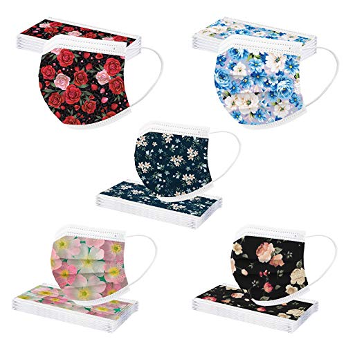CHENSEN Disposable Face Mask 50Pcs 3Ply Floral Breathable Protective Comfortable Earloop Masks For Adults Women Men