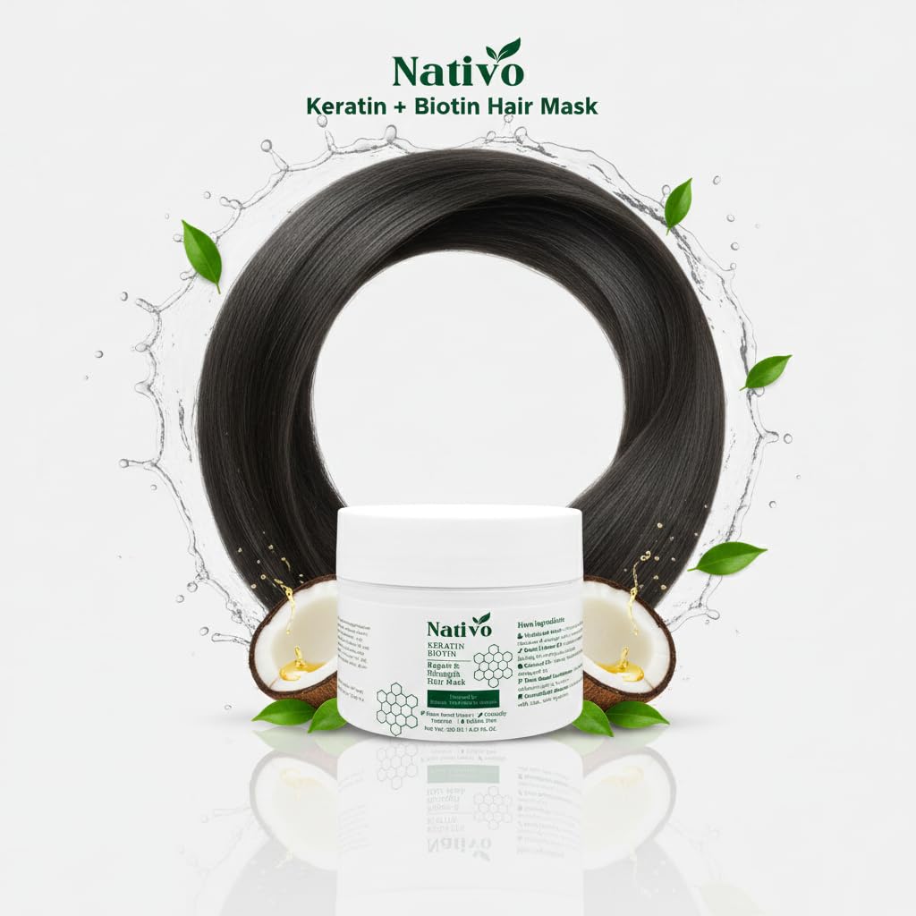 Nativo Keratin Biotin Repair & Strength Hair Mask, Deep Conditioning Treatment with Hydrolyzed Keratin, Coconut Oil, Plant-Based, Paraben-Free, 200g 1