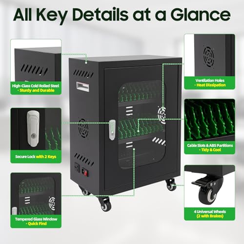 Image of 30 Slots Cell Phones Charging Station, Rechargeable Cellphone Locker Storage Charging Station, Mobile Charging Cart with Charging Ports, Wheels & Combination Lock (Black)