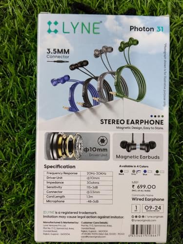 Image of Lyne Photon 31 Earphone | 3.5mm Connector | Grey | 1 Magnetic Earbuds | 10mm Driver | 1 Unit | Response 115dB Sensitivity