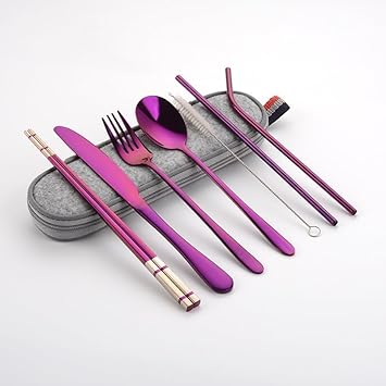 Tabletext Travel Utensils, 18/8 Stainless Steel Portable Reusable Camping Silverware & Goldenware Cutlery Flatware Set, Include Fork Spoon Chopsticks (8pcs Set with Case/Purple)