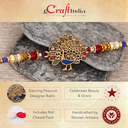 Image of eCraftIndia Multicolor Dancing Peacock Designer Rakhis, Best Bro Ever Fridge Magnet with Roli Chawal Pack - Rakhi for Brother, Bhaiya, Bhai