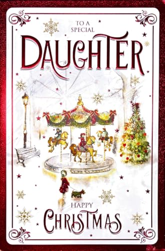 Cherry Orchard Special Daughter Christmas Card with Carousel Scene, Glitter and Foil Accents, Traditional Holiday Design