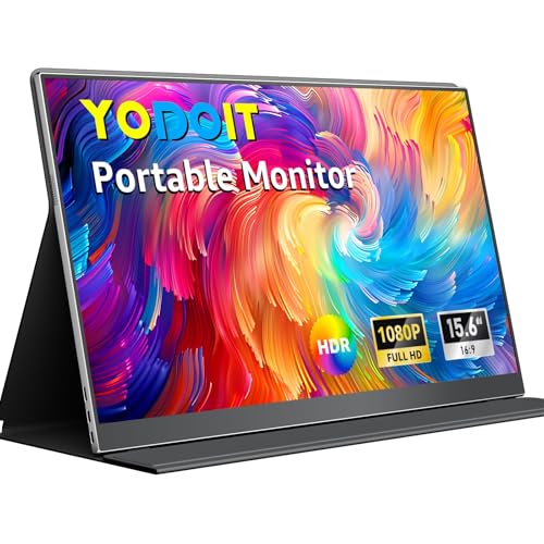 Yodoit Portable Monitor 15.6' 1920×1080 FHD IPS Travel Screen Display with USB-C Plug & Play, Built-in Speakers Smart Cover for MacBook PC Xbox, Extended Display for Remote Workers (Black)