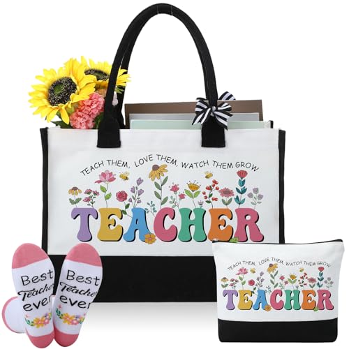 ViEinkaufen Thank You Teacher Gifts for Women Tote Bag Makeup Bag and Socks