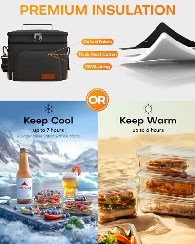 HOTOR Insulated Lunch Box for Men & Women - Leak-Proof Cooler Lunch Bag with 4 Pockets, Adjustable Strap, Ideal for Work, Picnic, Travel - Medium, Black, 10.2
