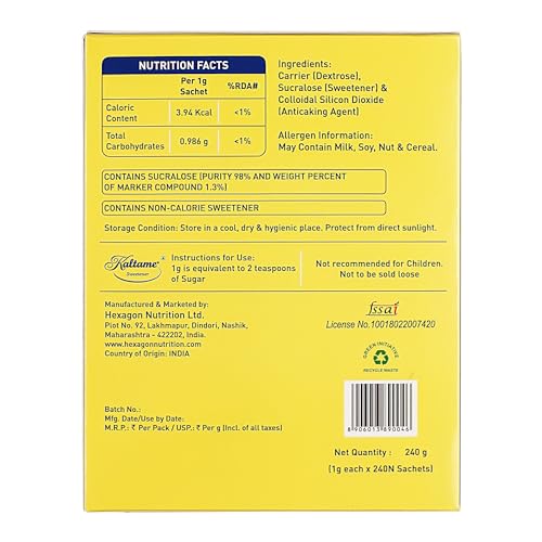 Image of KALTAME - Sweetener Non-Caloric Powder Sugar | Sucralose (Purity 98%) | 240 Sachets| Diabetes Friendly | Sugar Substitute | Sugar Replacer for Cooking & Baking