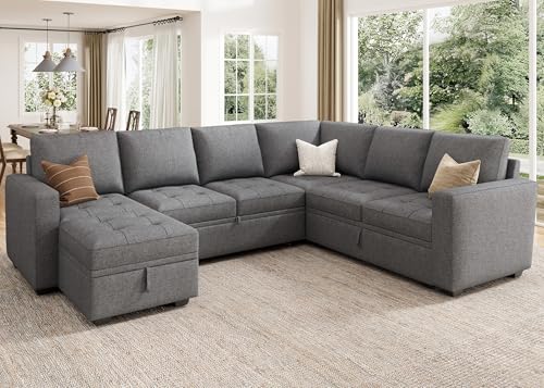Image of HONBAY Modular Sectional Couch with Pull Out Bed Sleeper Sofa with Storage U Shaped Modular Sectional Couches for Living Room,Mid Grey