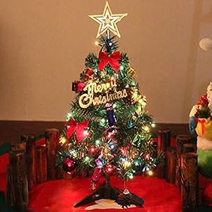 Mini Xmas Tree, 24″/60cm Artificial Small Tabletop Christmas Pine Tree with LED String Lights & Ornaments for Holiday Home Office Decoration