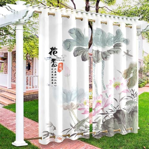 Hiseng Cortina de Exterior Impermeable Ojales Superior e Inferior, Patrón Flor de Loto 3D Cortinas Opacas Termicas Resistentes al Sol 2 Piezas para Jardin Terraza (Flor de Loto A,137x304cm)