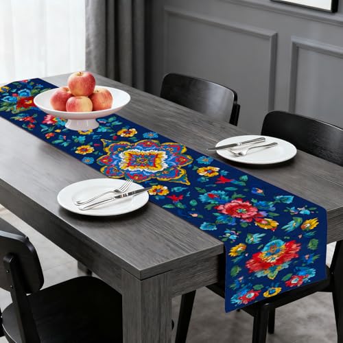 Image of Nuxovilar Floral Mandala Table Runner Flax 13x72 in | Holiday Runner Flax Placemats Dining Accessories Set Festive Gathering Boho Space Room (Colorful Mandala)