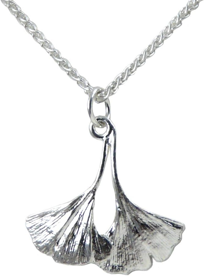 Sterling Silver Double Ginkgo Leaf Pendant Necklace, 18" Spiga Chain, Made in the USA