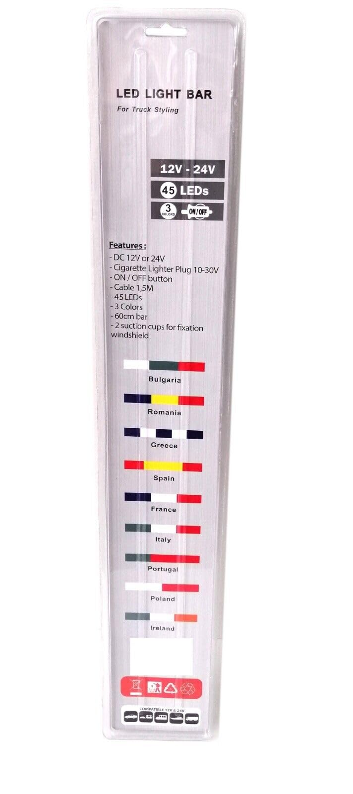 60cm 12-24V Barre Bande Lumineuse LED Drapeau Français Décoration Pare-Brise pour Camion Voiture Caravane Bateau