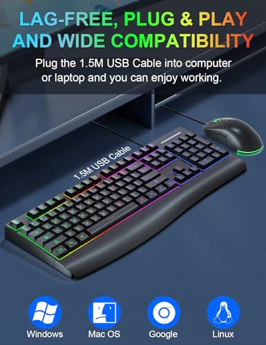 Quasio MK218 Wired Keyboard And Mouse Combo With Rainbow Rgb Backlit, Wrist Rest, 104 Keys Ergonomic Quiet Computer Keyboard Mice, Usb Wired Lighted Keyboard Combo thumb #6