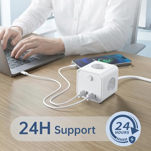 Steckdosenleiste, 7 in 1 Steckdosen mit USB, 3 Steckdosen, mit Schalter, 2 m, Steckdosenleiste mit USB, ideal für Wohnzimmer, Büro, Schlafzimmer 6