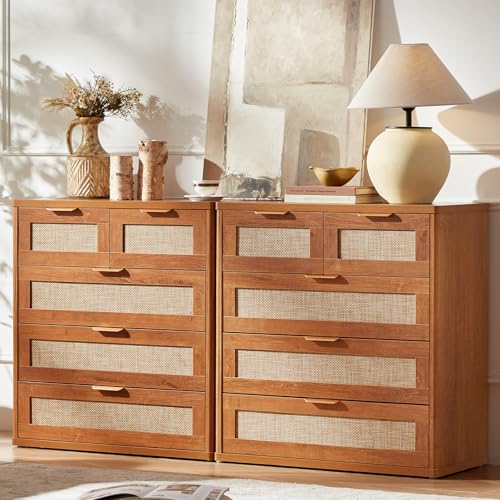 Image of LEYAOYAO Rattan Dresser for Bedroom, 33.5 inch Tall Chest of Drawers, Modern 5 Drawers Boho Dressers with Storage, Vintage Brown Dresser Wooden Closet Organizer for Living Room, Hallway