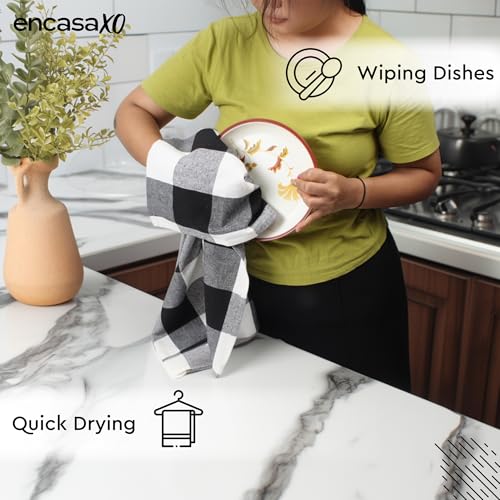 Image of Encasa XO Kitchen Towels Cotton Pack of 4 | 70x45 cm, Buffalo Black Checks - Dish Cloths | Highly Absorbent Cleaning & Wiping Cloths for Kitchen | Reusable Tea Towels