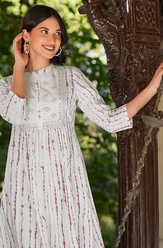 Image of Janasya Women's White Pure Cotton Tie & Dye With Mirror Work A-line Kurta Pant Set