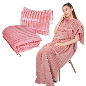 Travel Pillow and Blanket Set Travel Blanket Airplane Compact with Bag Travel Blanket Airplane Travel Essentials Car Blankets for Adults (Light Pink)