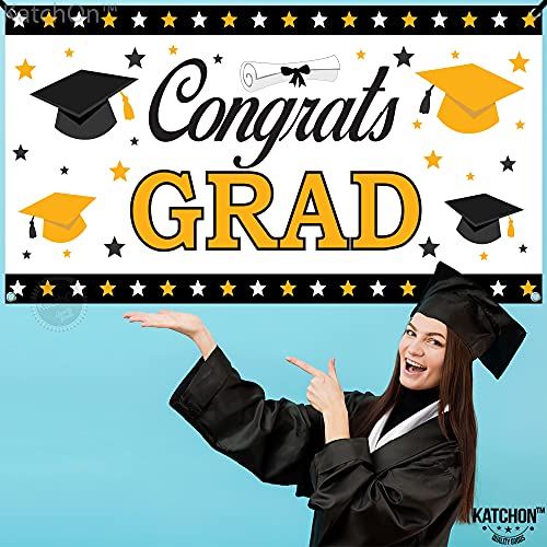 Image of KatchOn, XtraLarge Congrats Grad Banner - 72x44 Inch | White, Black and Gold Graduation Banner | Congratulations Wall Poster | Grad Backdrop For Graduation Decorations 2026