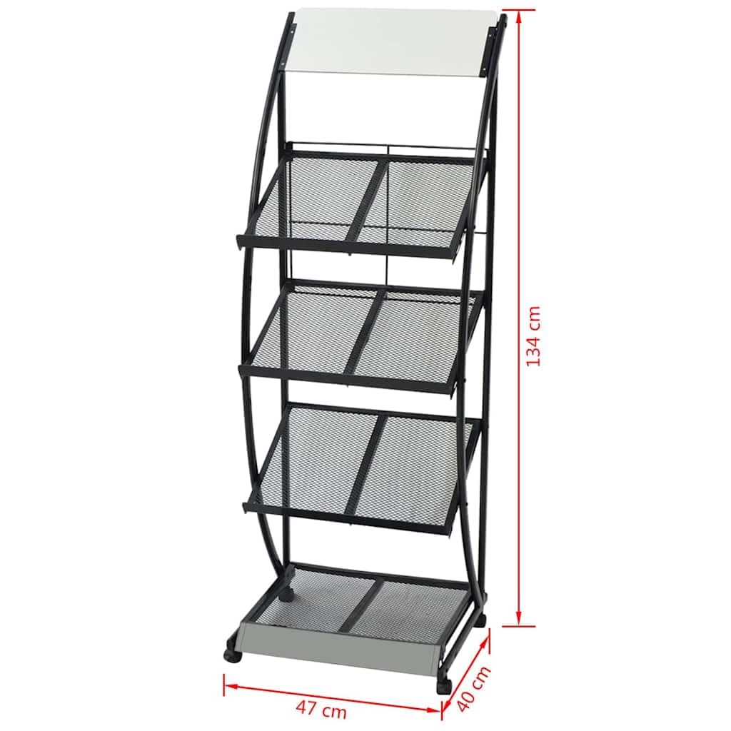 Stojak na czasopisma z 4 półkami, 47 x 40 x 134 cm, czarno-biały, uchwyt na broszury A4, stojak na broszury i katalog, mobilny segregator czasopism z rolkami do biura, salonu