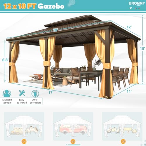 EROMMY 12' x 18' Hardtop Gazebo, Aluminum Frame Gazebos with Galvanized Steel Double Roof, Permanent Outdoor Metal Pavilion with Curtain and Netting for Patio, Lawn, Deck - Image 2