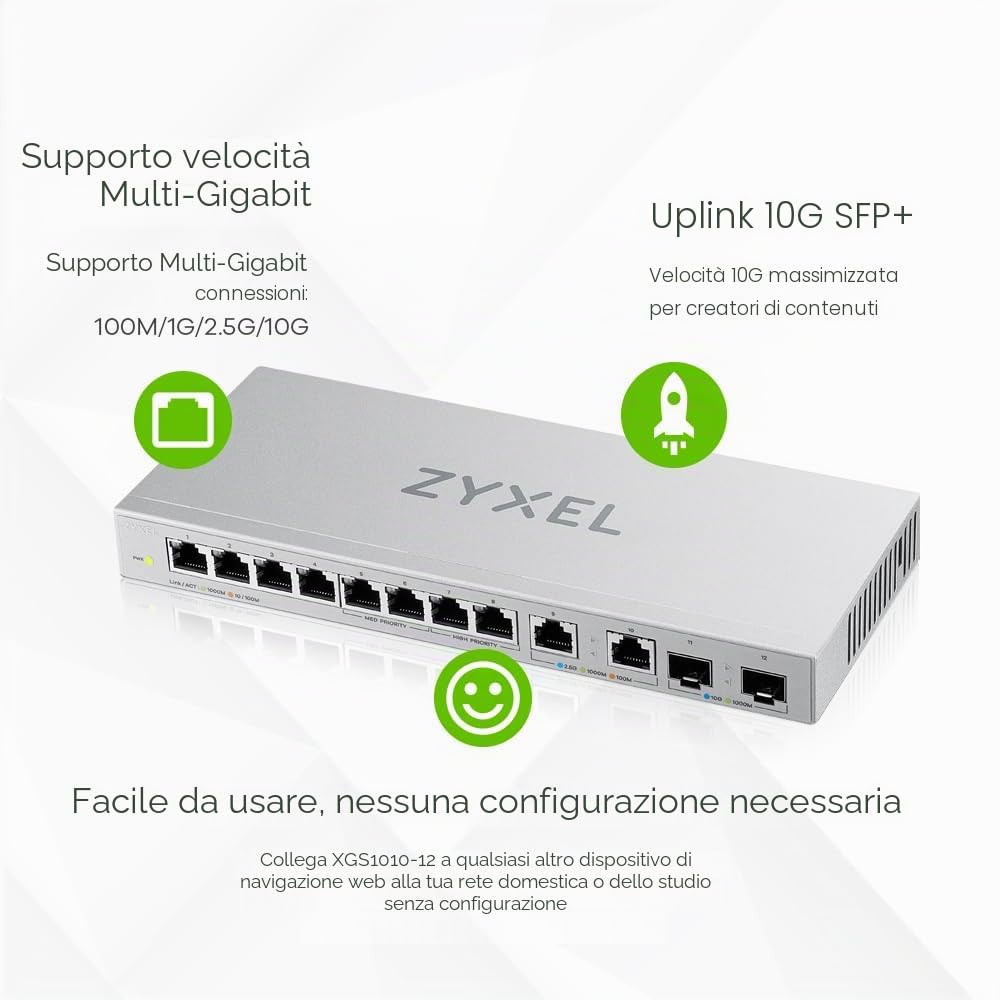 Zyxel Switch non gestito Ethernet multi-Gigabit a 12 porte | 2 x 2.5G | 2 x 10G SFP+ Fiber | 8 x porte GbE | Plug & Play | Montaggio desktop o a parete | Splitter Ethernet | Limitato XGS1010-12