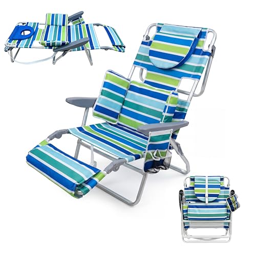 GarveeLife 3-in-1 Backpack Beach Chair for Adults Portable Folding Tanning Lounger with Face Hole Adjustable Footrest 5 Reclining Positions Storage Pocket Cup Holder & Towel Bar 330lb
